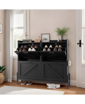 Shoe Storage Cabinet with 4 Flip Drawers, Metal Legs, Black