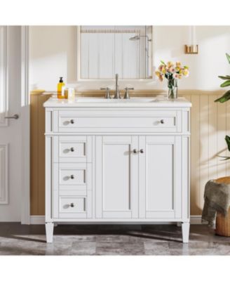 36" Rubberwood And MDF Solid Wood Frame 4 Drawers & 2 Doors Bathroom Vanity with Sink