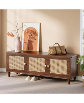 55&amp;quot; Shoe Bench with Lift Top Storage, 2-Tier Entryway Bench with 3 Rattan Doors