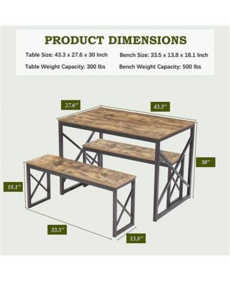 Wood-Top Kitchen Dining Table with 2 Backless Benches, Industrial Style