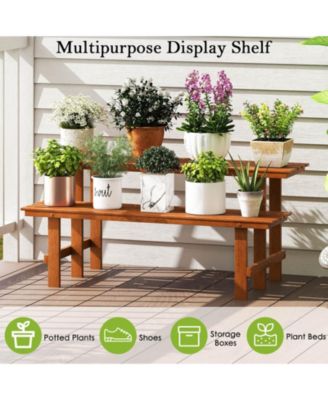 2 Tier Wood Plant Stand with Teak Oil Finish Indoor & Outdoor Flower Pot Holder