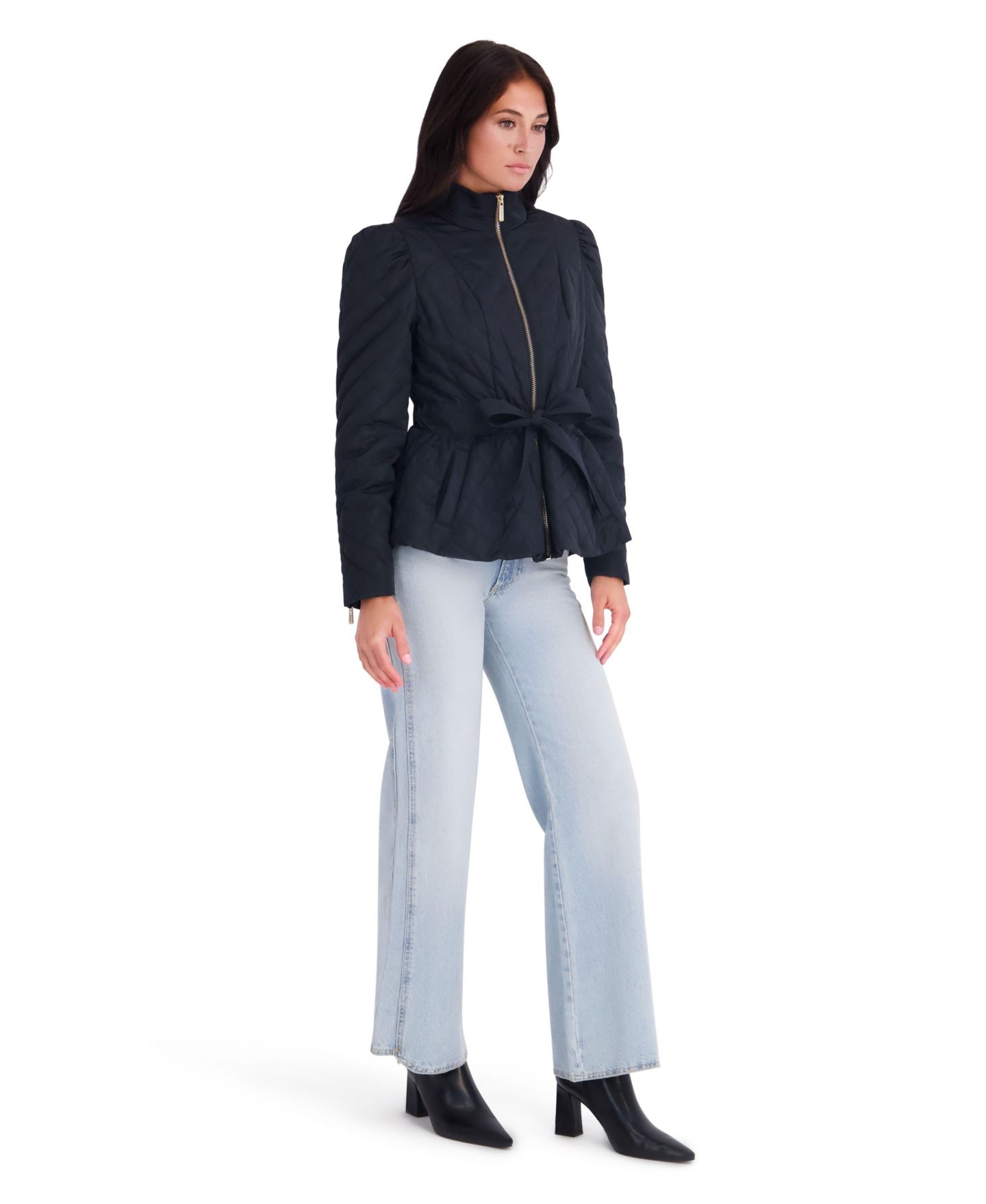 Женская куртка Kensie Quilted Peplum With Self-Tie Waist And Stand Collar, цвет: Чёрный — фото 4