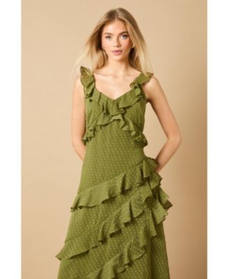 Women's Dobby Ruffle V-Neck Tiered Midi Dress