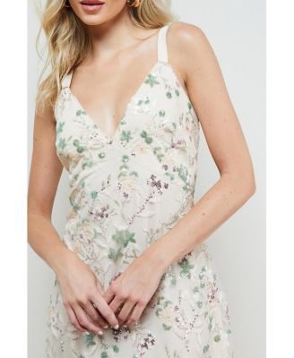 Women's Hand Embellished V-Neck Midi Dress