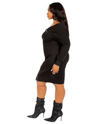Women's Plus Size Off Shoulder Zip-up Sweater Dress