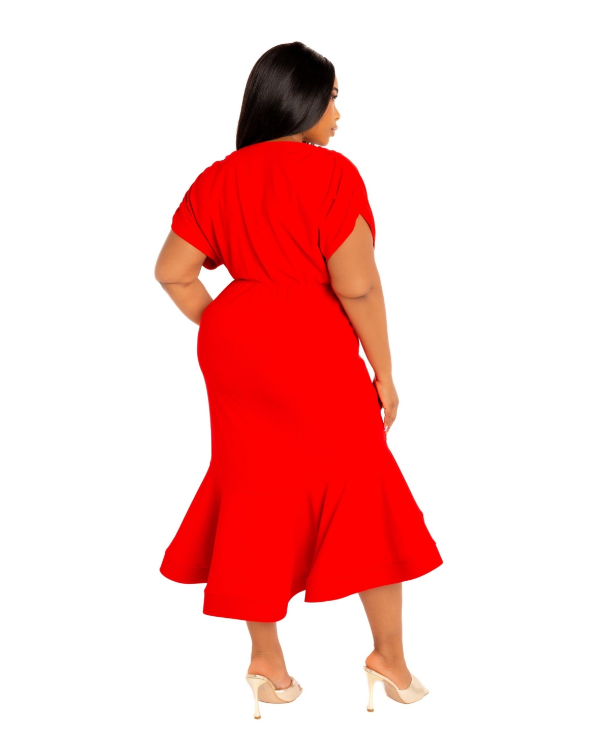 Buxom Couture Wrap Front Flounce Hem High-low Mermaid Midi Dress In Red