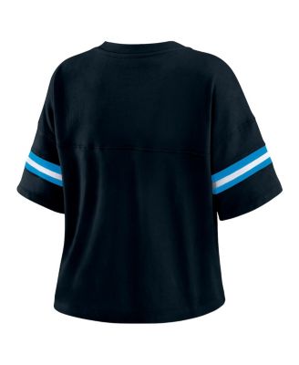 Women's Black Carolina Panthers Color Block Boxy Modest Crop V-Neck T-Shirt