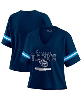 WEAR by Erin Andrews - Women's Navy Tennessee Titans Color Block Boxy Modest Crop V-Neck T-Shirt