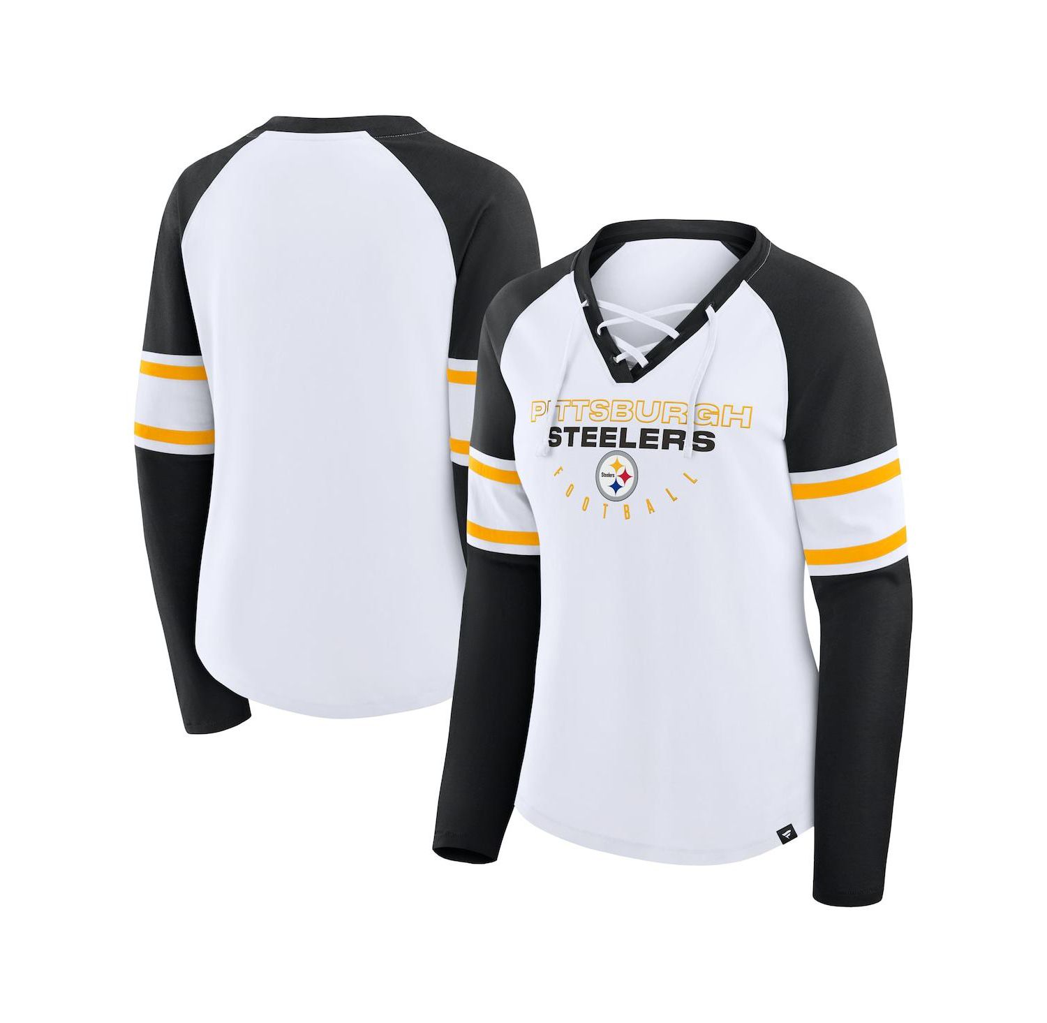 Women's White/Black Pittsburgh Steelers Redzone Blitz Package Raglan Lace-Up V-Neck Long Sleeve T-Shirt