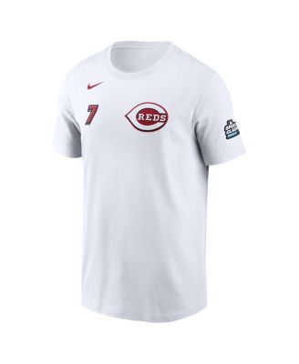 Men's Spencer Steer White Cincinnati Reds 2025 MLB Speedway Classic Name Number T-Shirt