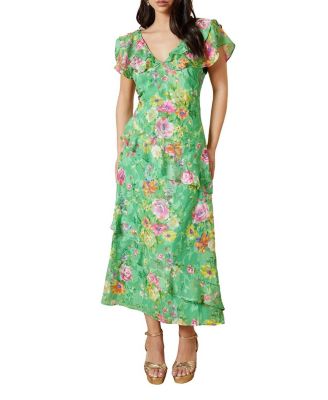 Women's Ruffle Sleeve Jacquard Midi Dress