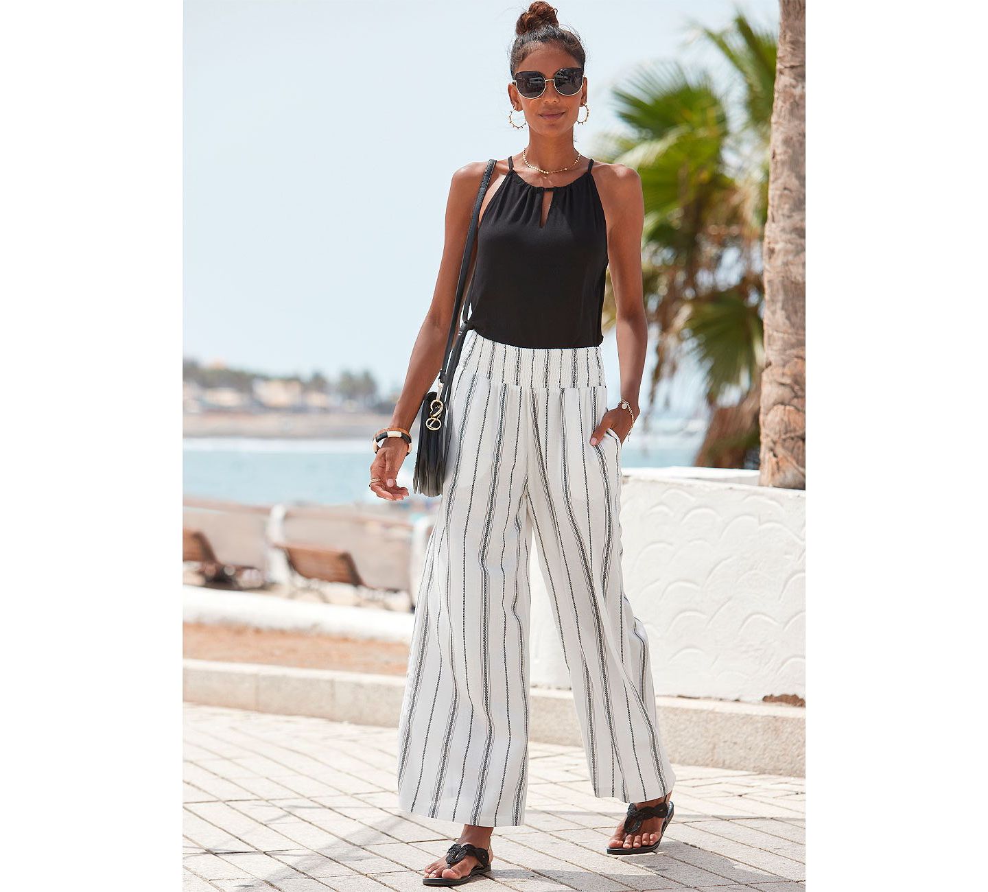 Женские брюки Lascana Striped Wide Leg, цвет: Чёрный / Кремовый — фото 8