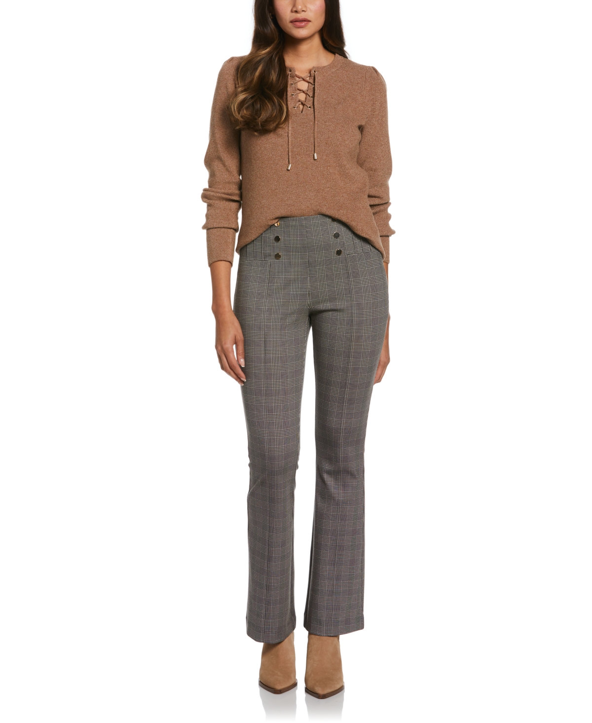 Ella Rafaella Plus Size Front Lace-up Long Sleeve Sweater In Brown