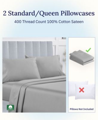 Pillowcase Set - 400 Thread Count, 100% Cotton Sateen, Set of 2 Pillow Covers, Breathable, Cooling, Soft for Quality Sleep