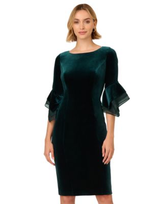 Adrianna Papell - Women's Velvet Bell-Sleeve Mesh-Trim Dress