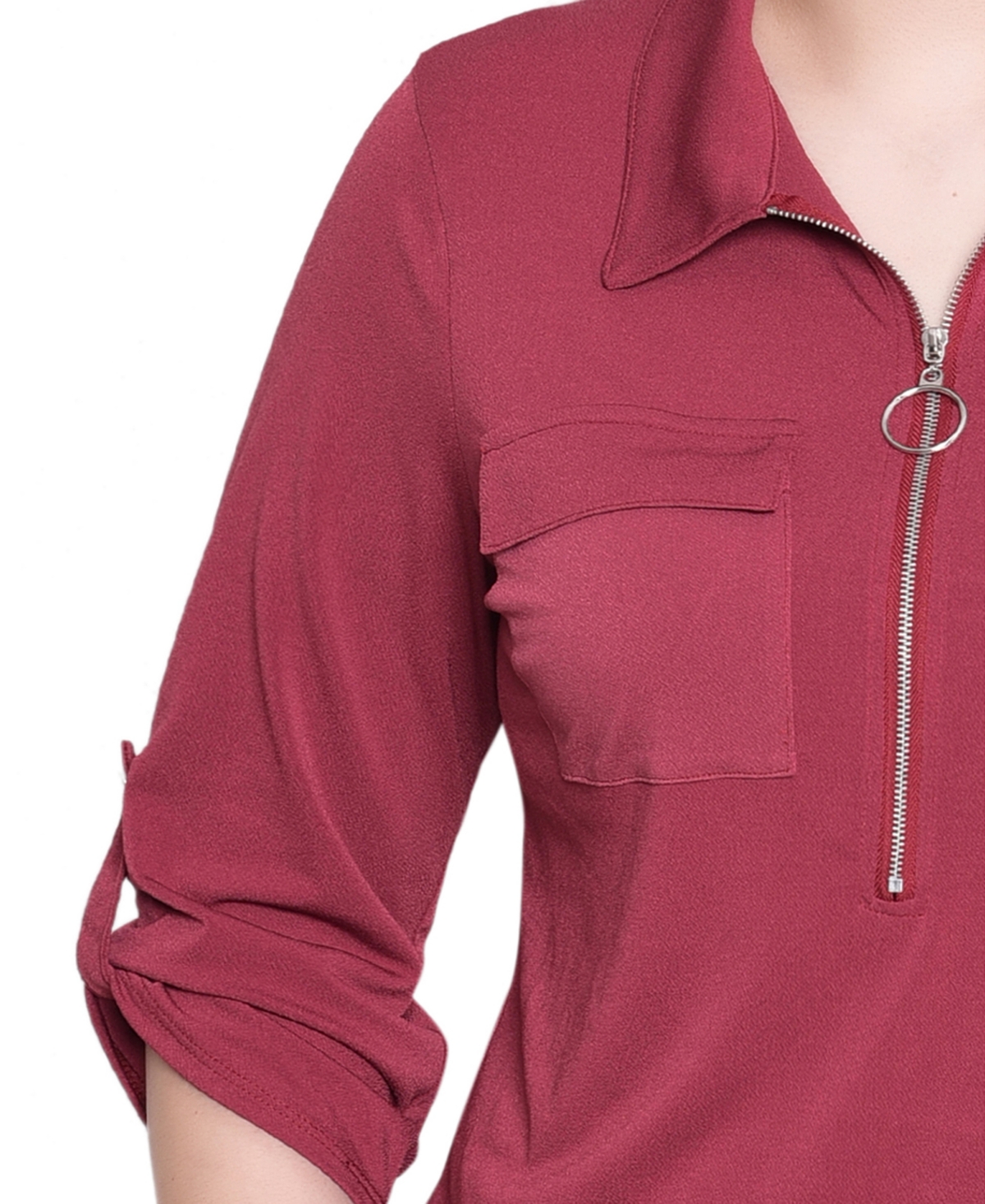Ny Collection Petite 3/4 Roll Tab Zip Front Top In Brown