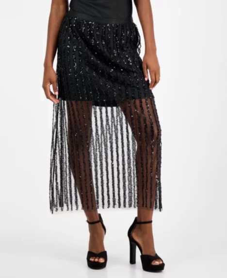 Petite Sequin Stripe Maxi Skirt - Black