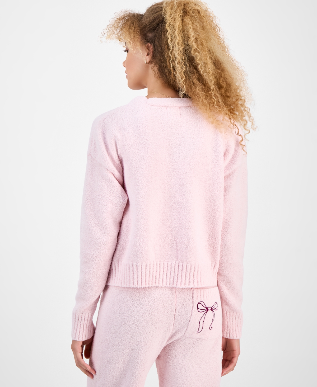 Hippie Rose Juniors' Bow Teddy-knit Tank And Cardigan Set In Pink