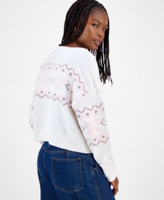 Juniors' Patterned Knit Chenille Crewneck Sweater