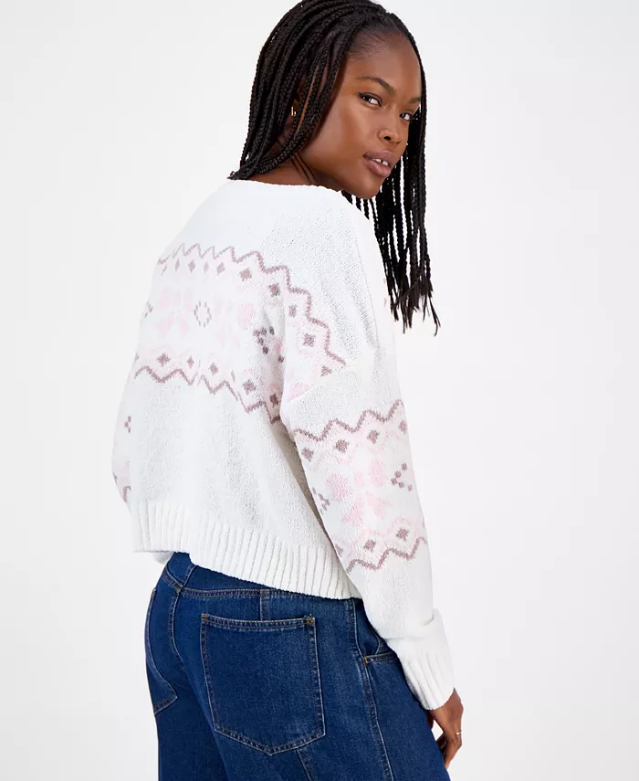 Juniors' Patterned Knit Chenille Crewneck Sweater - thumbnail 2