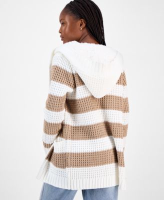 Juniors' Sherpa-Lined Striped Open Cardigan