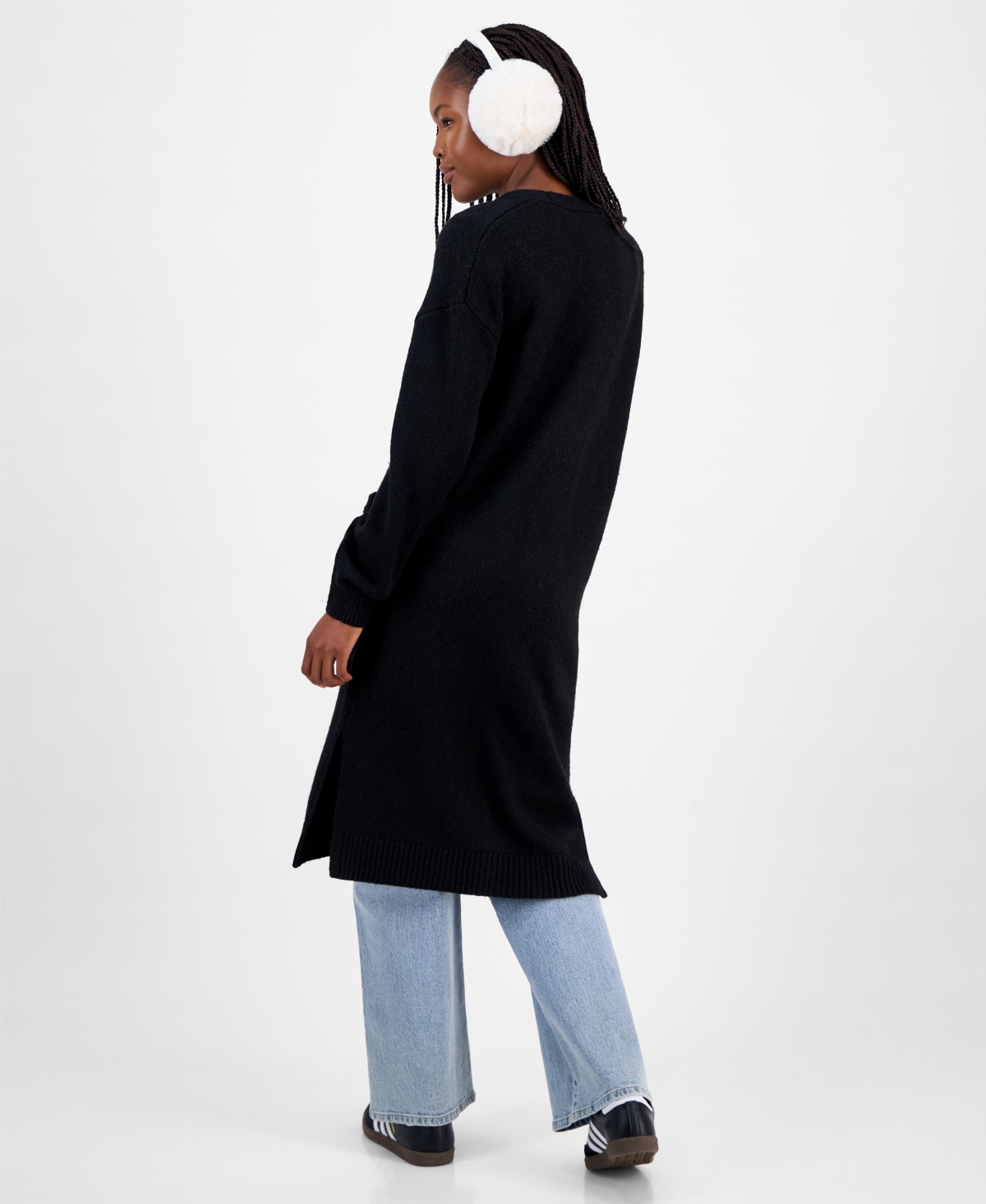 Madden Girl Juniors' Open-front Patch-pocket Duster Cardigan In Black
