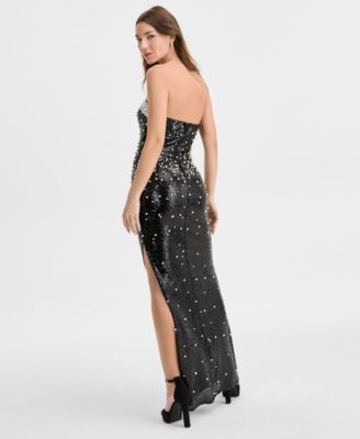 Juniors' Faux-Pearl Sequin Embellished Strapless Gown