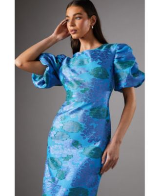 Women's Jacquard Floral Puff Sleeve Midi Dress