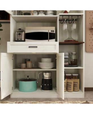 Antique White 71" Farmhouse Pantry Hutch Cabinet, Barn Door Kitchen Storage with LED Lights & Adjustable Shelves, Freestanding Sideboard with Glass Holder