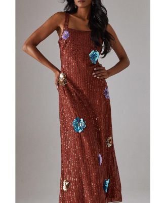 Women's Hand Embellished Flower Burst Midi Dress