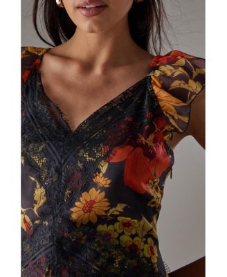 Women's Lace Insert Frill Sleeve Midi Dress