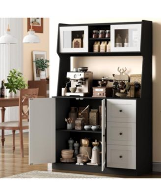67" Kitchen Pantry Cabinet with Microwave Shelf, 3 Drawers, LED Lights & Countertop Tall Freestanding Storage Hutch for Dining Room.