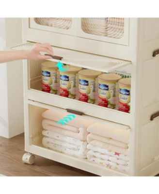 4 Tier Portable Kids Wardrobe Closet with Doors - Baby Clothes Organizer with Wheels, Collapsible Wardrobe Closet with Hanging Rod, Includes 10 Hangers, Ideal for Bedroom, Playroom