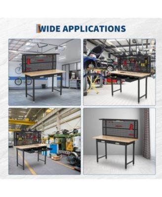 60" Heavy-Duty Metal and Wood Workbench with Drawers, Pegboard, and LED Lighting Tool Storage Table