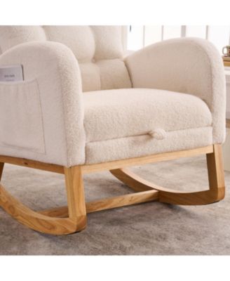 Plush Accent Rocking Chair with Footrest, Cream White High-Back Rocker, Rubber Wood Lounge Chair for Nursery & Living Room