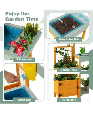Wooden Potting Bench for Kids w/ See-Through Window Planter Box Garden Trellis