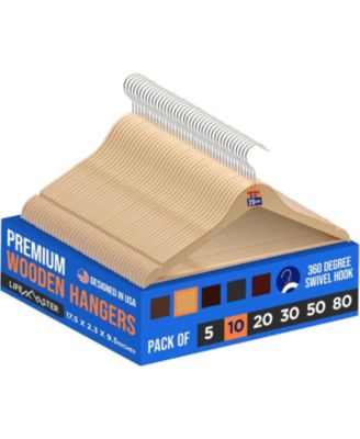 Wooden Clothes Hangers, 360&deg; Swivel Hook, Non-Slip Shoulder Notch, Holds Up to 10 lbs, Pants Bar, for Suits, Dresses & Coats, Pack of 5, Natural