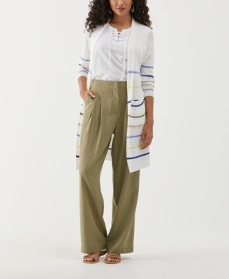 Women's Cotton-Linen Blend Striped Duster Long Sleeve Cardigan Sweater