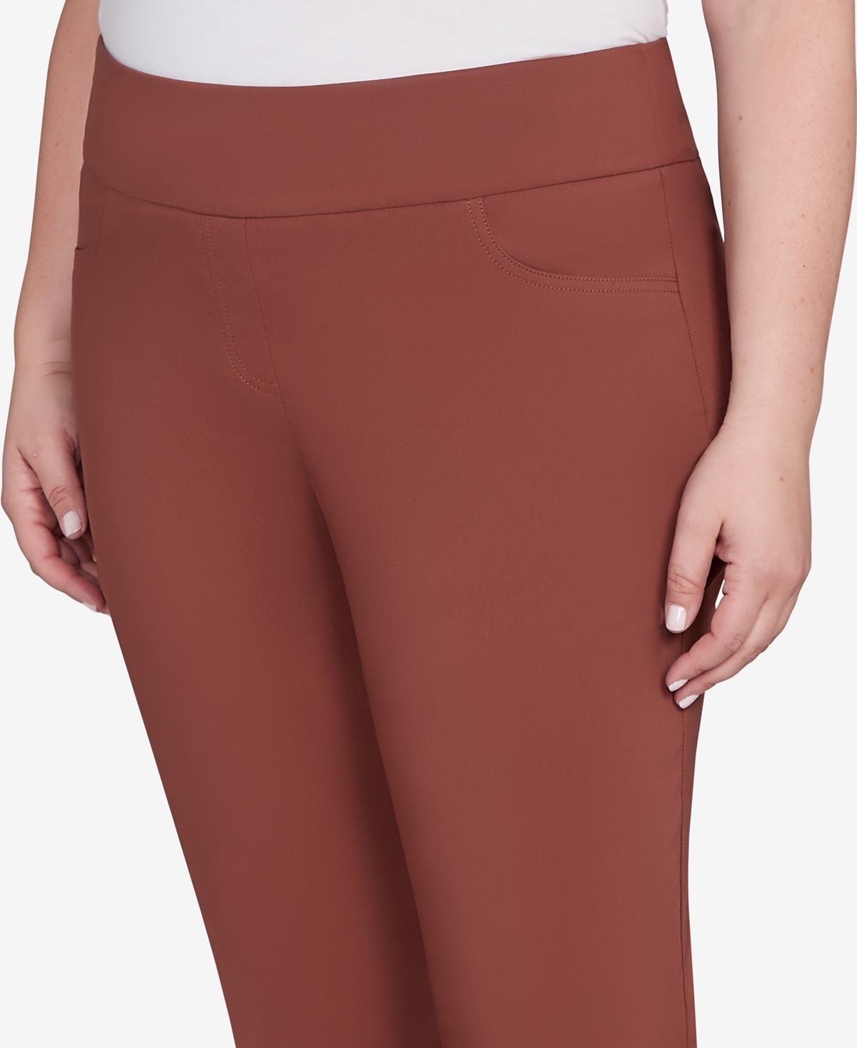 Hearts Of Palm Plus Size Solid Tech Stretch Ankle Length Pants In Brown