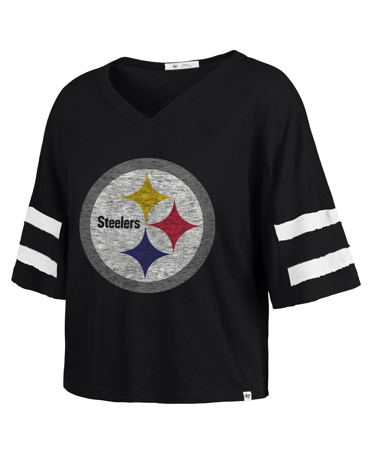 '47 Brand Women's Black Pittsburgh Steelers Premier Scout Cropped V-Neck T-Shirt