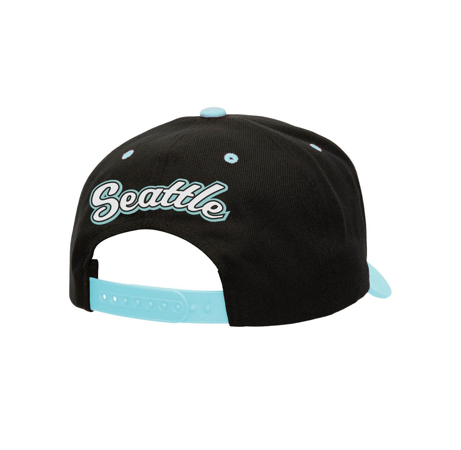 Mitchell Ness Men's Black/Light Blue Seattle Kraken Backside Script Two-Tone Pro Crown Adjustable Hat