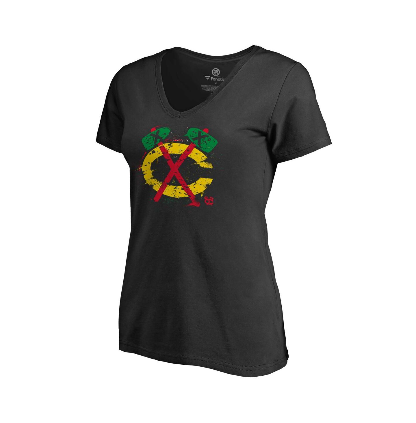 Женская футболка Fanatics Mto Label Black Chicago Blackhawks Splatter Logo V-Neck — фото 1