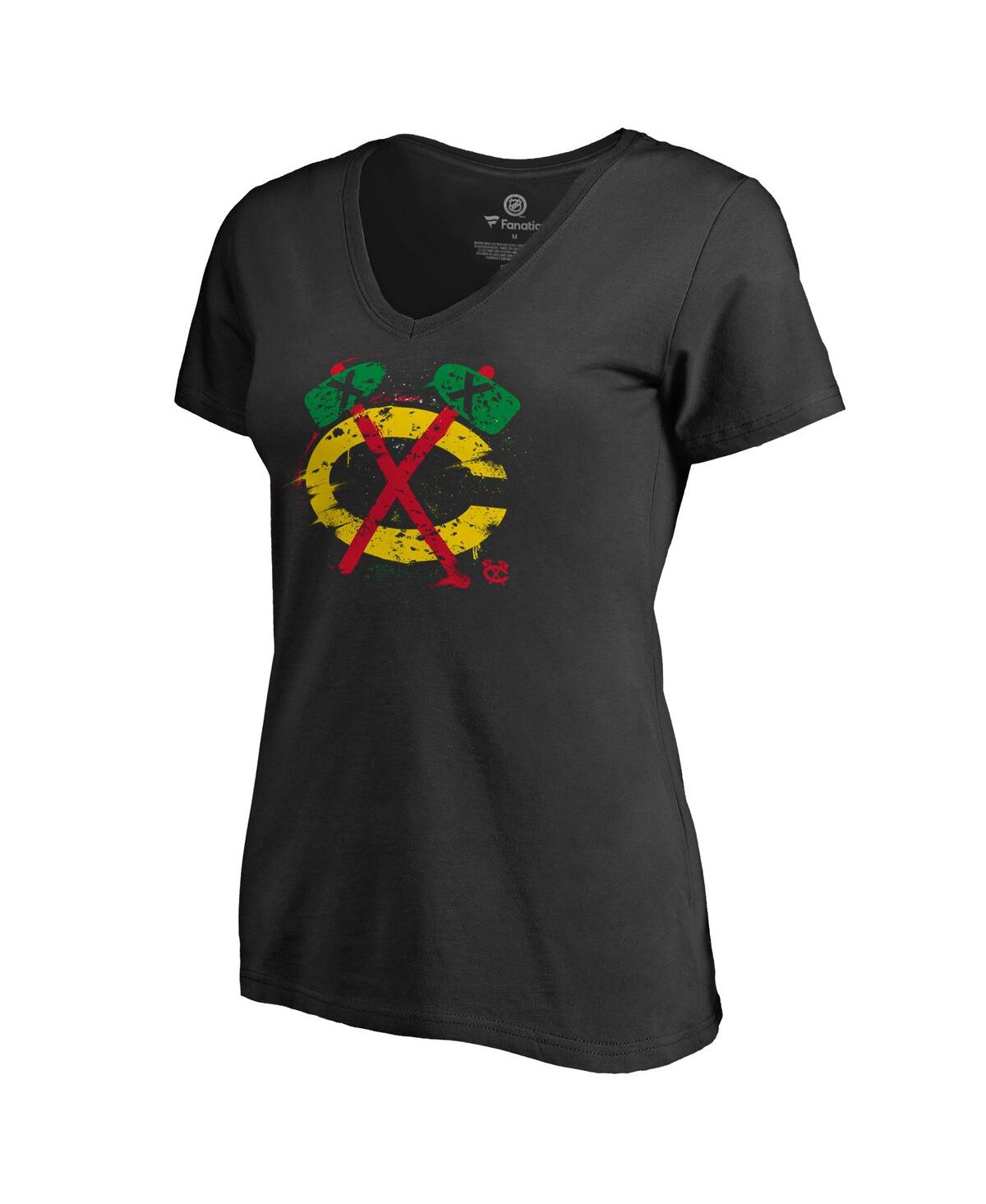 Fanatics Mto Label Women's Black Chicago Blackhawks Splatter Logo V-Neck T-Shirt - Black