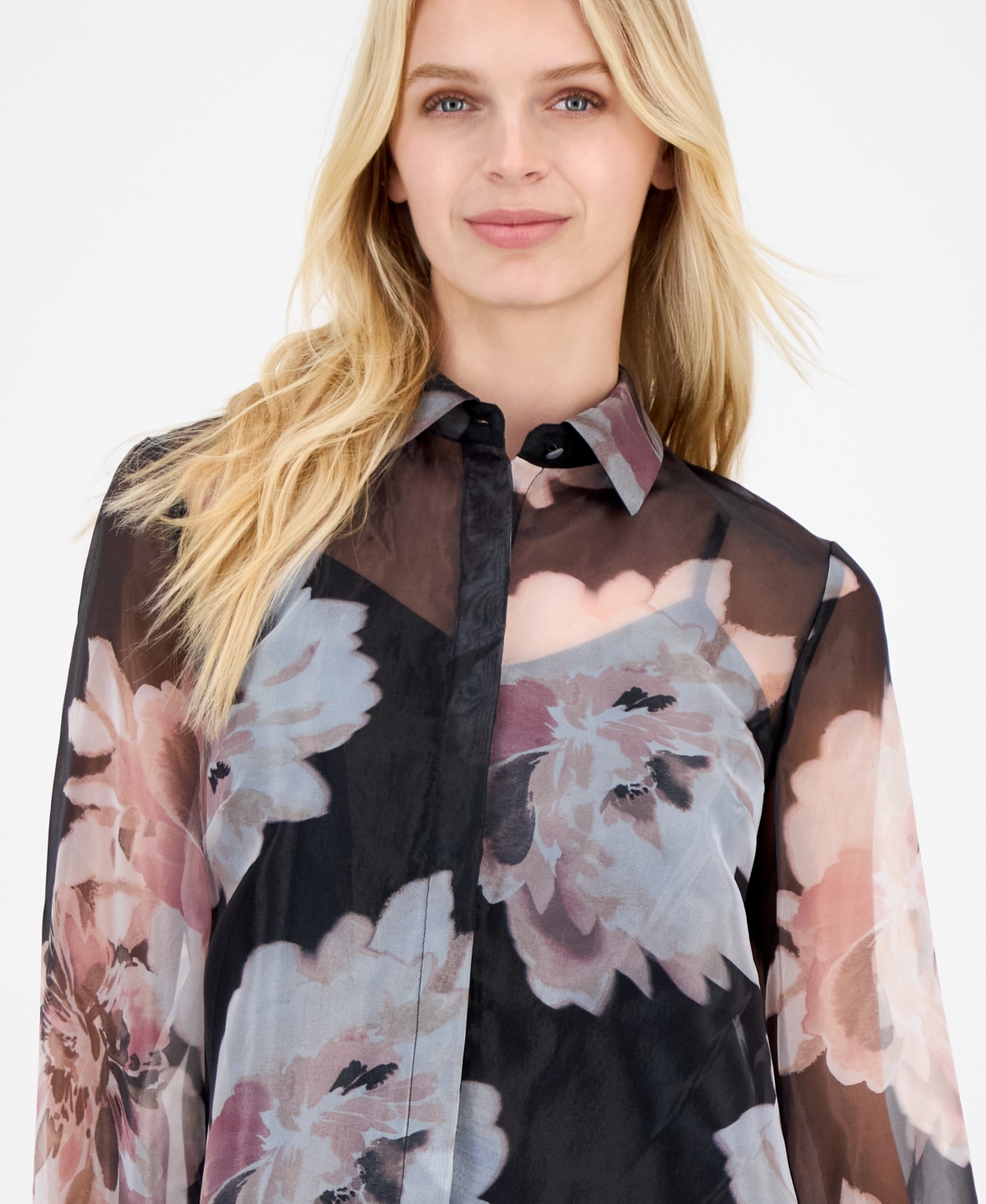 Anne Klein Women's Printed-Organza Button-Front Blouse, Macy's Exclusive