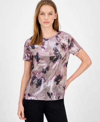 Anne Klein - Petite Short-Sleeve Floral Sequin Tee