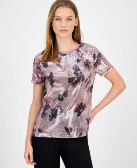 Petite Short-Sleeve Floral Sequin Tee - Dark Rose Mist Mult