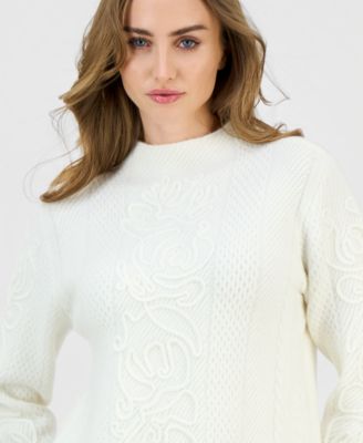 Petite Embroidered-Tape Mock-Neck Sweater