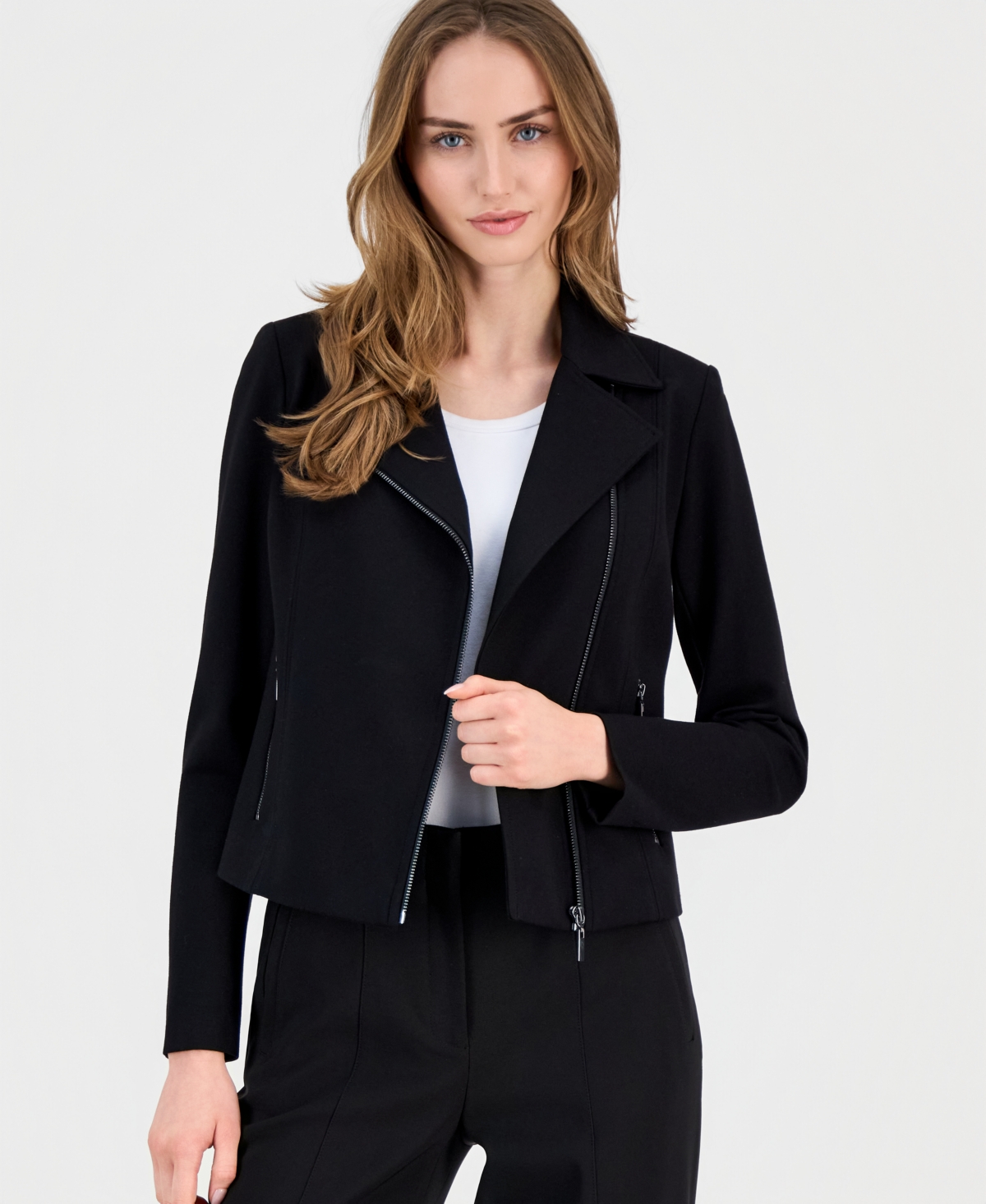 Anne Klein Women's Notched Collar Knit Moto Jacket In Black