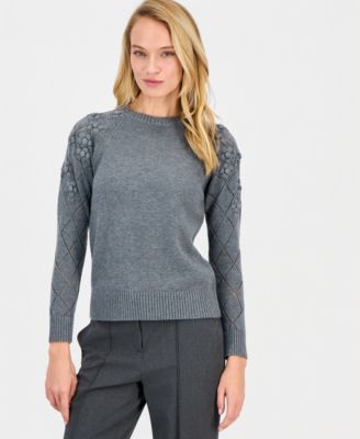 Women's Flower-Trim Long-Sleeve Sweater 