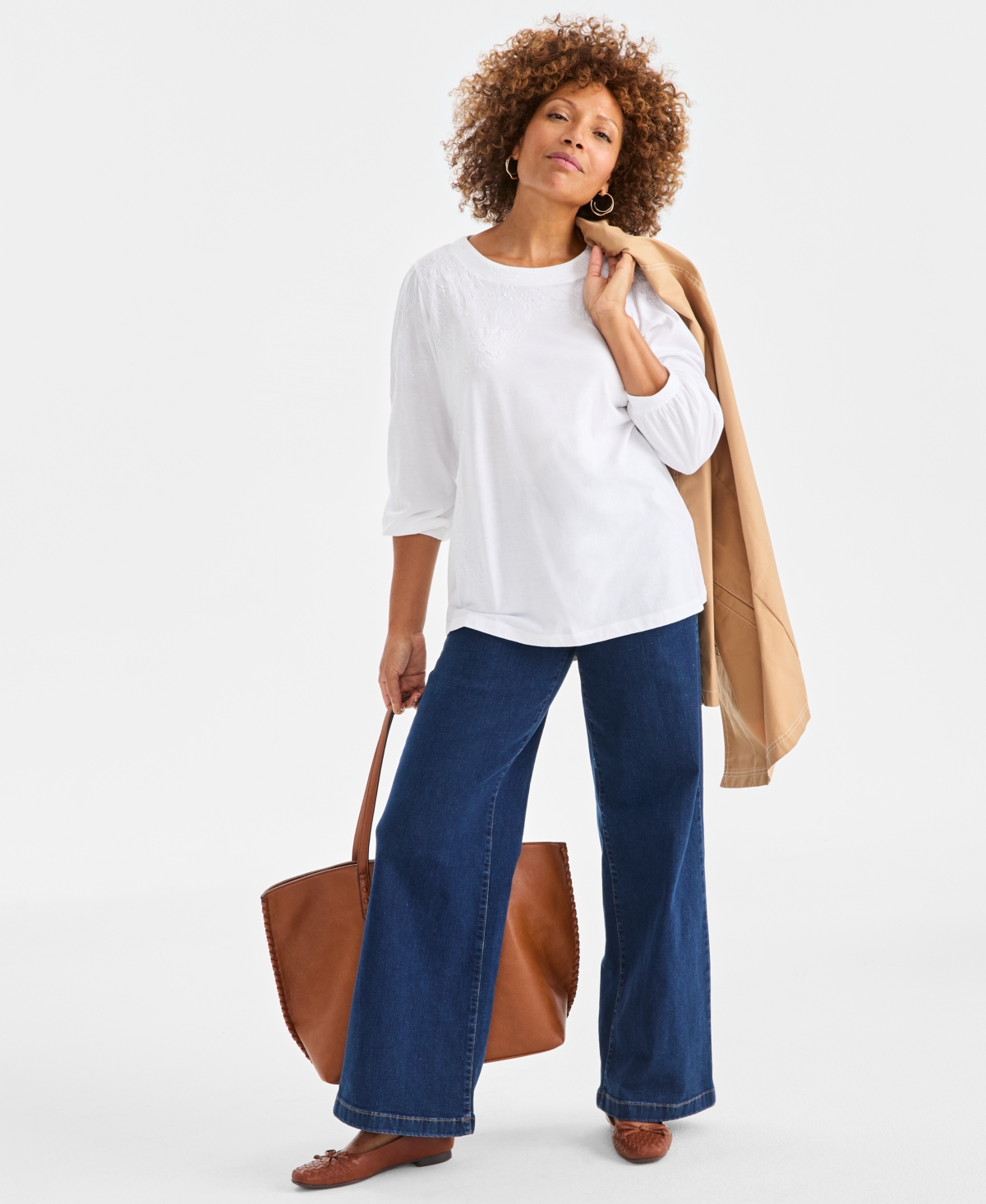 Style & Co Women's Floral Embroidery Shine Knit Top, Macy's Exclusive In White